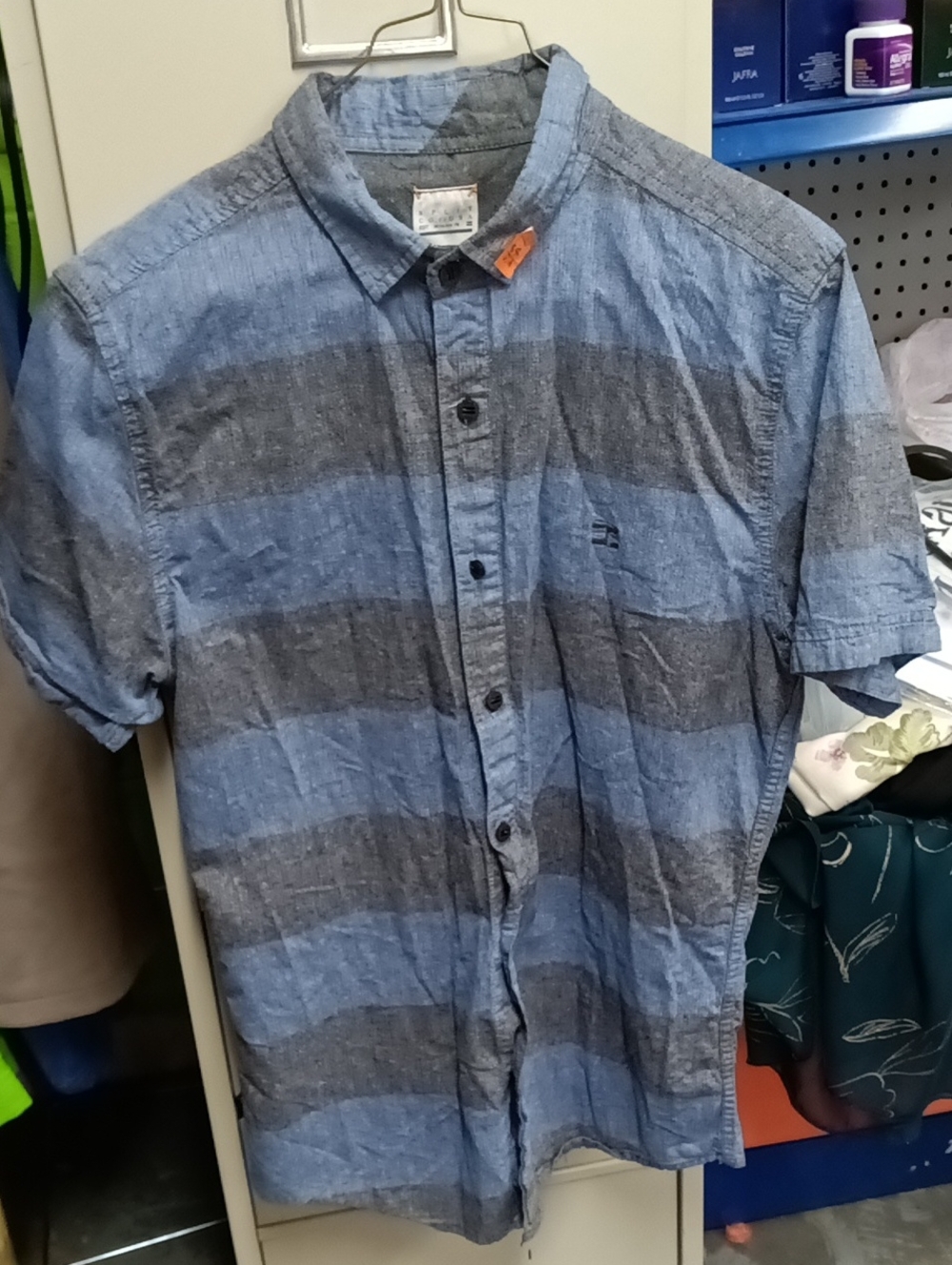 Men's Short-Sleeve Button-Down Shirt in Blue and Gray Stripes